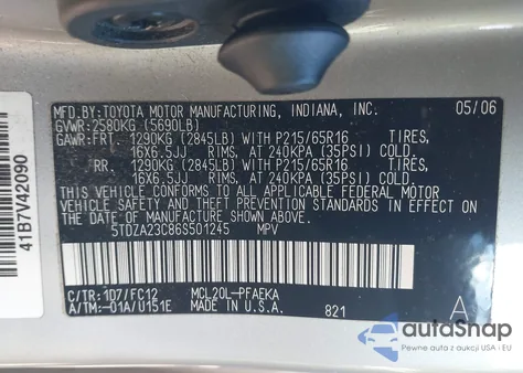 2006 Toyota Sienna Le z USA, uszkodzony, nr VIN 5TDZA23C86S501245